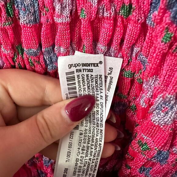 ZARA Knit Pink Floral Ruched Body Con Mini Dress Size Large - Picture 6 of 7